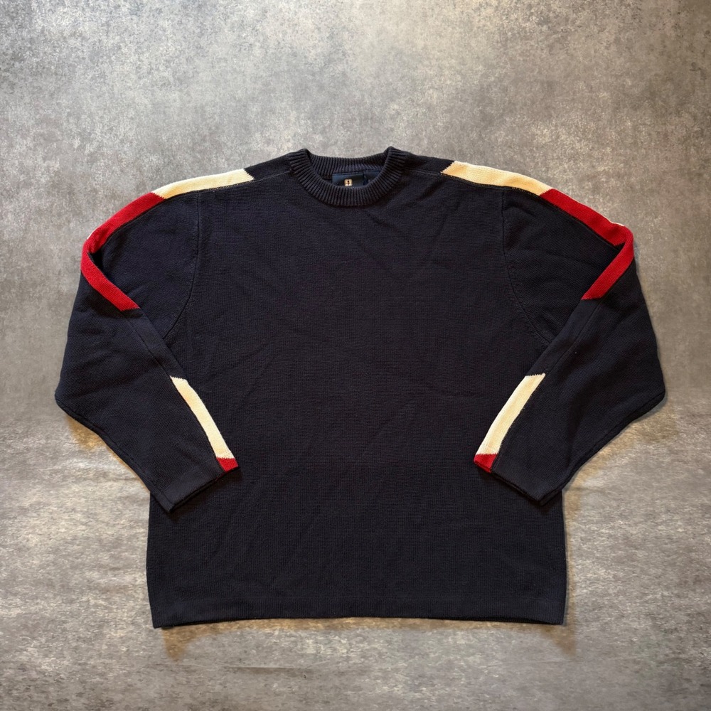 Vintage 90s Transnine Knit Sweater Mens Medium Navy Blue Red Cream Stripe Retro